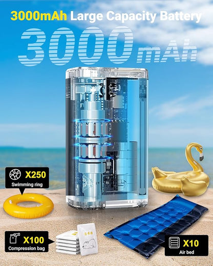 OMQ Portable Air Pump for Inflatables,Electric Air Mattress Pump with Camping Lantern & LED Display, Mini Air Pump 2X Quick Inflate Deflate for Pool Floats, Vacuum Storage Bags