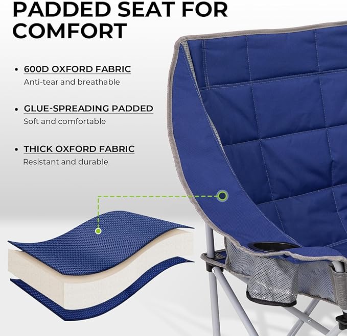 FUNDANGO Oversized Double Camping Chair, 2 Person Folding Padded Loveseat for Adults，660lbs Heavy Duty Chair with Arm Cup Holder for Outdoor Patio Lawn Camp with Carry Bag (Blue)