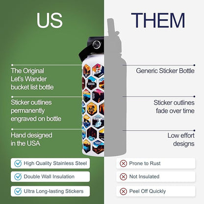 LET'S WANDER National Parks Water Bottle with 63 Waterproof Stickers - 32oz Leakproof Insulated Stainless Steel with Straw - USA Hiker Gift Bottle (Arctic White)