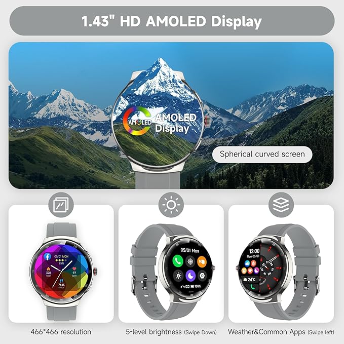 Smart Watches for Men Women, 1.43" AMOLED Fitness Tracker, Make/Answer Calls Digital Waterproof Smartwatch, 150+ Sports Mode, Heart Rate/SpO2/Sleep Monitor, Android & iOS Compatible, 2 Bands