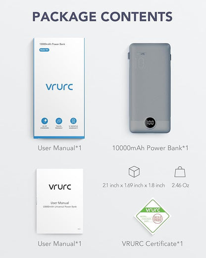VRURC Portable Charger Built-in Cables and AC Wall Plug, USB C Power Bank 10000mAh, Travel Battery Portable Phone Charger Compact Lightweight External Battery Pack for Smart Phones, Tablets etc-Grey