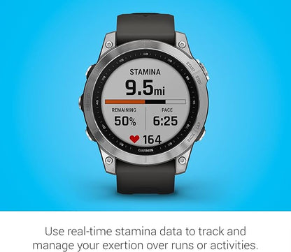 Garmin Fenix 7, Adventure smartwatch, Rugged Outdoor Watch with GPS, Touchscreen, Health and Wellness Features, Silver with Graphite Band - 010-02540-00