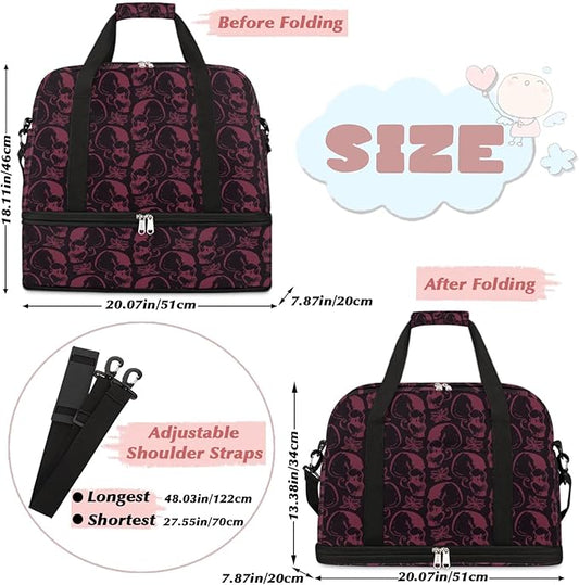 Halloween Spooky Skull Foldable Travel Duffel Bag Tote Carry On Luggage Sports Gym Bag With Shoe Compartment For Woman Man Overnight Weekend Yoga Workout Bag Training Handbag