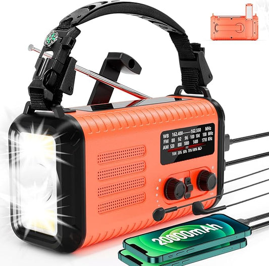 Emergency Crank Radio, Solar Hand Crank Weather Radio with AM/FM/NOAA, Survival Radios Battery Operated Flashlight Cell Phone Charger, Reading Lamp, Headphone Jack, Compass, SOS Alarm Home & Outdoor