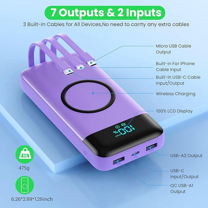 Wireless Portable Charger 40800mAh with 3 Built-in Cables,7-in-1 15W Wireless Charging Power Bank,25W PD QC 4.0 Fast Charging USB C LCD Display Battery Pack for iPhone 16/15/13,Samsung,Android-Purple