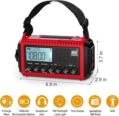 Raynic Emergency Radio, 5000mAh/18500mWh Weather Radio, Solar Hand Crank Emergency Radio with AM/FM/SW/NOAA, Cell Phone Charger, Headphone Jack, Flashlight, Type-C Charging and SOS Siren for Hurricane