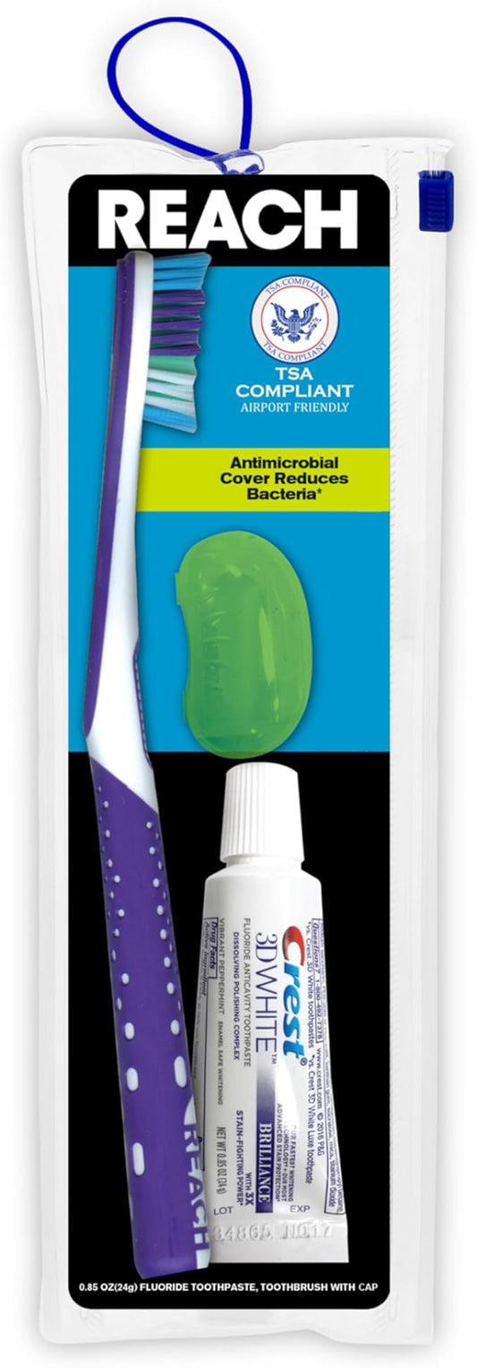 Reach Ultraclean Travel Kit Toothbrush with Toothbrush Cap and Toothpaste, Multi-Angled, Soft Bristles, TSA-Airport Friendly, Resealable, Portable and Reusable Bag