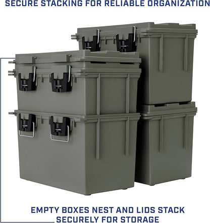 Sheffield 12765 4-Pack XL Ammo Storage Box, Stackable .50 Cal Field Boxes, Water and Dust Resistant, Lockable Storage Box with Handle, Heavy Duty Protection for Hunting Gear, Made in the USA, Green
