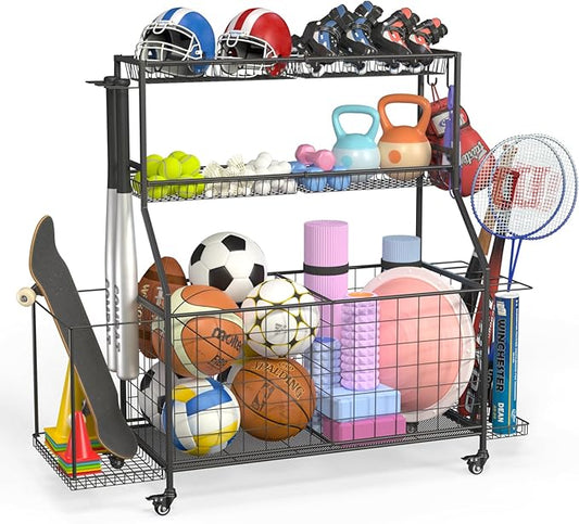 Sport Equipment Organizer, Garage Ball Storage Racks - Outdoor Toy Storage with 2 Side Racks & Removable Baskets, Heavy-Duty Garage Rolling Ball Cart with Wheels, Hooks for Sports Gear, Toys