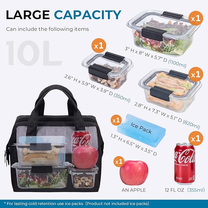 ECHSRT Large Insulated Lunch Bag for Women Men Leakproof Cooler Lunch Tote Bags for Work Travel Adult Thermal Lunchbox for Office -10L Black