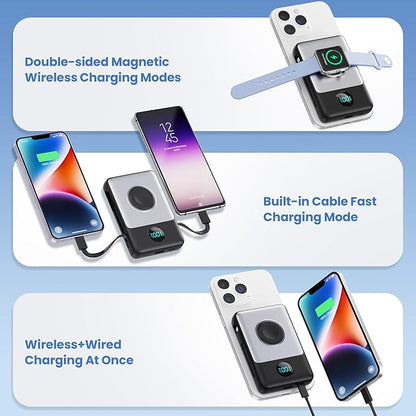 Magnetic Portable Charger 10800mAh for iPhone with Built-in Cables, 6-in-1 Wireless Power Bank with iWatch Charger, LCD Display 25W PD Fast Charging Battery Pack for iPhone 16/15/14/13/12, Apple Watch