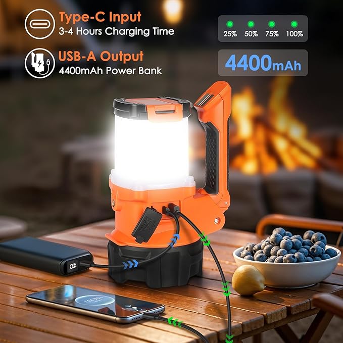 Rechargeable Camping Lantern, 6 Modes LED Flashlight Handheld Spotlight with 2000LM, 4400mAh Power Bank, IPX4 Waterproof Searchlight Work Light for Emergency Hiking Survival Kits
