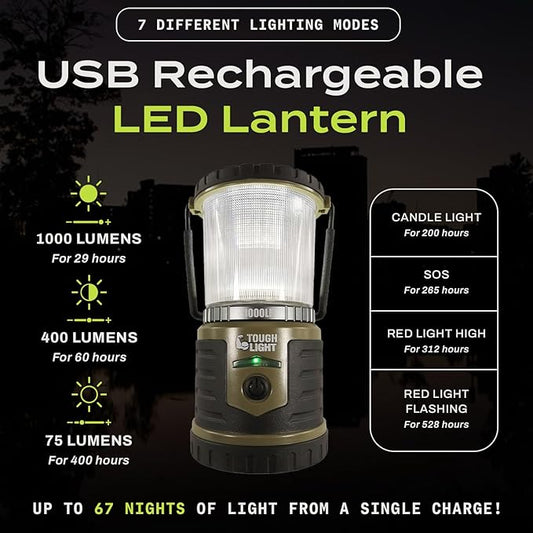 USB Rechargeable Camping Lantern, 1000 Lumens LED Lantern, Tent Lamp, 12000mAh Power Bank, 400 Hour, 7 Modes, Candle Feature, for Outdoors & Emergency