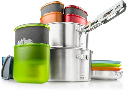 GSI Outdoors Glacier Stainless Camper 4 Person Packable Cookware & Dinnerware Set for Camping or Backpacking