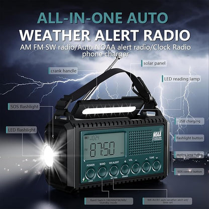 NOAA Emergency Weather Radio with Auto Alerts, 5000mAh Solar Hand Crank AM/FM/SW Shortwave Radio with Flashlight, Reading Lamp, Phone Charger, SOS Alarm, Survival Gear, Time Clock & Large LCD Display