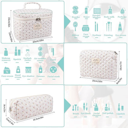 Floral Quilted Makeup Bag Set, 3 Sizes, Travel & Daily Use, Women's Cotton Cosmetic Bag
