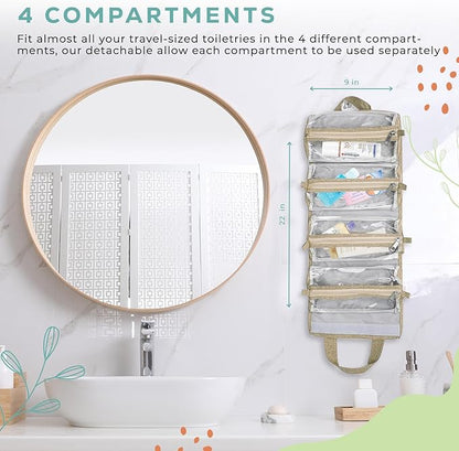 4-in-1 Hanging Toiletry bag - Roll-Up Makeup Bag - 4 Detachable PVC Zip Pouches – 600D Oxford Fabric, Versatile Travel Toiletry Organizer Bag - Makeup, Cosmetics, First Aid, Medicine Personal Care,