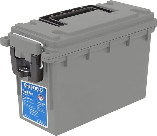 Sheffield 12628 Ammo Storage Box, Stackable .30 Cal Field Boxes, Water and Dust Resistant, Lockable Storage Box with Handle, Secures Hunting Gear, Supplies, and Bullets, Made in USA, Gray, 1-Pack