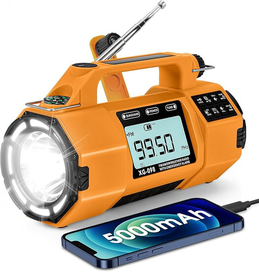 Emergency Weather Alert Radio FM/AM/SW/NOAA, Solar Hand Crank Radio with Replaceable Battery, USB-C Charging, Cell Phone Charger, SOS Alarm, Headphone Jack, Sleep Timer Clock for Survival