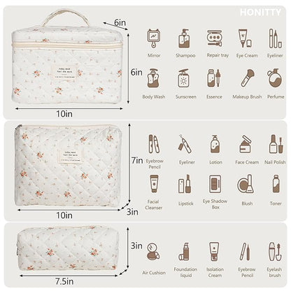 Makeup Bag,Quilted Cosmetic Bags,Large Floral Make Up Organize bag,Makeup Bag Set for Women,Flower Travel Toiletry Bag
