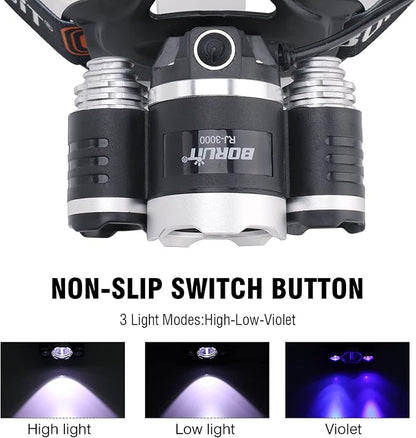 BORUIT RJ-3000 Rechargeabe LED Headlamp 5000 Lumens with Black Light, 3 Modes Super Bright USB Head Lamp IPX4 Waterproof Headlight for Adults USB Outdoor Fishing Camping
