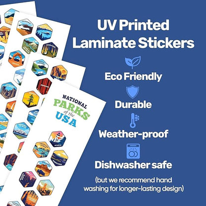 LET'S WANDER National Parks Water Bottle with 63 Waterproof Stickers - 32oz Leakproof Insulated Stainless Steel with Straw - USA Hiker Gift Bottle (White/Blue)