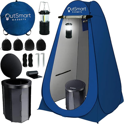 Outdoor Portable Toilet Set for Adults with Camping Night Lantern, Folding XL Toilet, Pop Up Privacy Tent and Carry Bags, Multipurpose Potty, Washable and Foldable for RV Travel