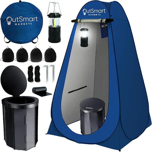 Outdoor Portable Toilet Set for Adults with Camping Night Lantern, Folding XL Toilet, Pop Up Privacy Tent and Carry Bags, Multipurpose Potty, Washable and Foldable for RV Travel