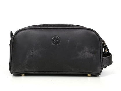 10" Premium Leather Toiletry Travel Pouch With Waterproof Lining Black Color | King-Size Handcrafted Vintage Dopp - Kit ~ Gift for Father's Day By Aaron Leather Goods