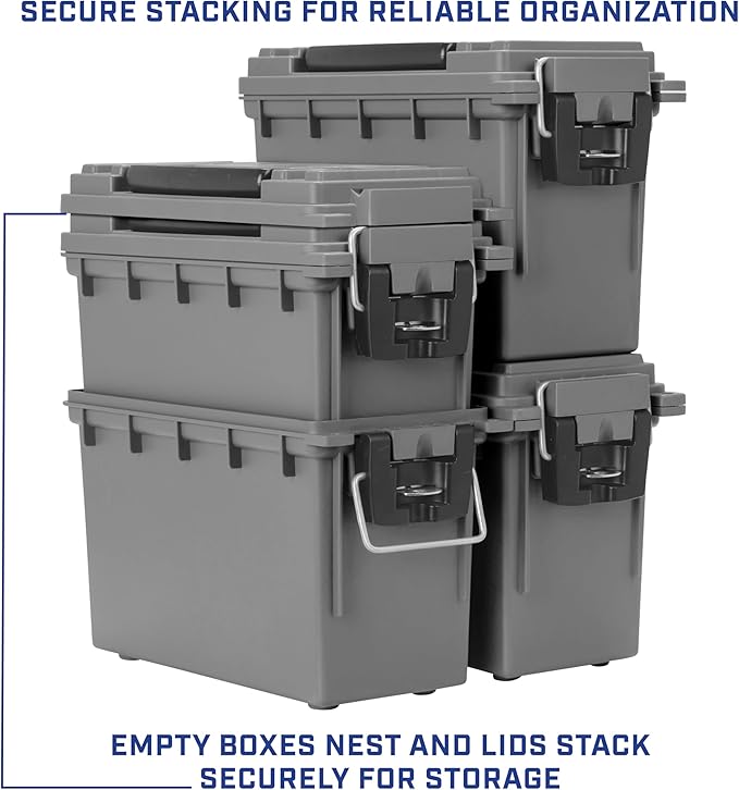 Sheffield 12759 4-Pack Ammo Storage Box, Stackable .30 Cal Field Boxes, Water and Dust Resistant, Lockable Storage Box with Handle, Secures Hunting Gear, Supplies, and Bullets, Made in the USA, Gray