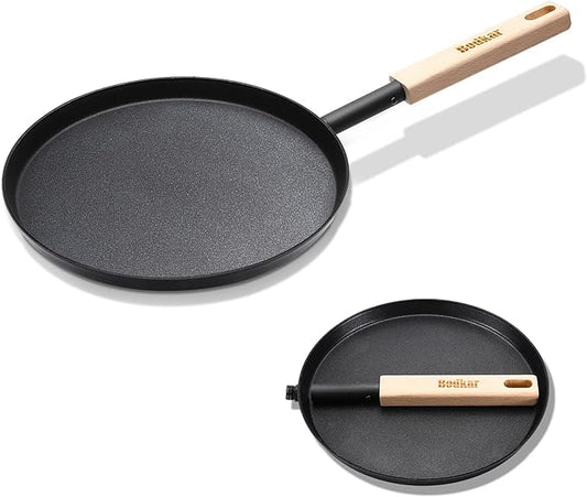 Frying Pan Skillet 8-inch Flat Griddle Pan, Lightweight Small Grill Pan with Wooden Handle for Camping Indoor Outdoor Cooking