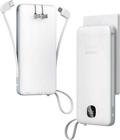 TESSAN Portable Charger with Built in Cables, 10000mAh Power Bank Fast Charging with Foldable Wall Plug Charger, 20W Compact Battery Pack Travel Essentials for iPhone 16/15 Series, Samsung, Tablets