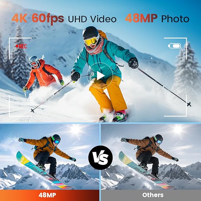 4K 60FPS 48MP WiFi Action Camera with Touch Screen, 50FT Underwater Waterproof Camera, No Case Needed, EIS Motorcycle Camera, 8X Zoom, 64GB Card, Remote Control, Batteries & Mounting Kits