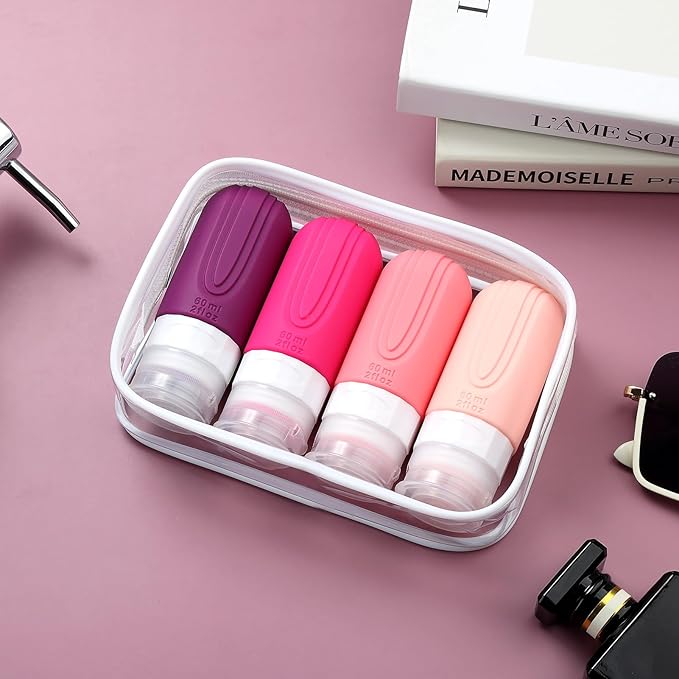 Travel Bottles for Toiletries, Tsa Approved 2oz Travel size Bottles, BPA Free Leak Proof Travel Toiletry Containers, Refillable Travel Accessories with Toiletry Bag for Shampoo Liquid (4 Pack)