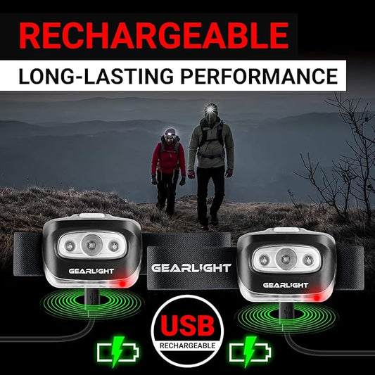 GearLight USB Rechargeable Headlamp Flashlight - S500 Running, Camping, and Outdoor LED Headlight Camping Headlamps - Head Lamp Light for Adults, Kids, Emergency Gear [2 Pack]