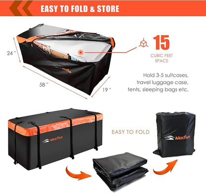 MeeFar Hitch Mount Cargo Carrier Bag Soft Shell 100% Waterproof 15 Cubic Feet (58" 19" 24") Include 8 Reinforced Straps for Truck Pickup All Vehicle with Steel Cargo Basket