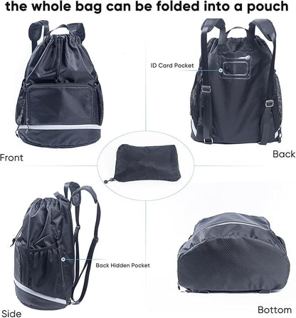 Swim Beach Sports Drawstring Backpack - Gym Bag with Shoes Compartment and Waterproof Pocket for Gym Accessories, Swim Essentials - Kids Mens Beach Workout Bag