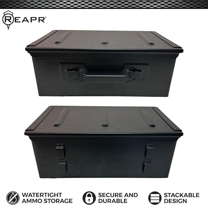 Reapr Steel Ammo Can, Heavy Duty Locking Metal Ammo Storage Box, Airtight and Watertight 30 Cal or 50 Cal Case for Rifle, Shotgun, Pistol, Military Footlocker Style Tool and Gear Organizer