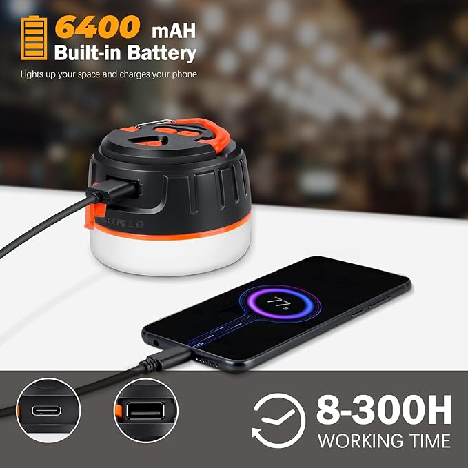 Rechargeable LED Camping Lantern 1000LM, 300H Runtime, 6400mAh, IPX5 Waterproof Tent Light for Camping, Hiking, Power Outages, Home, Emergency Use - Standard Edition,Orange