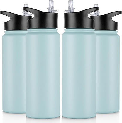 24 oz Insulated Water Bottle Bulk 4 Pack, Stainless Steel Sports Water Bottles with Straw Lid & Wide Mouth Lids, Double Walled Vacuum, Leak Proof, Turquoise Blue