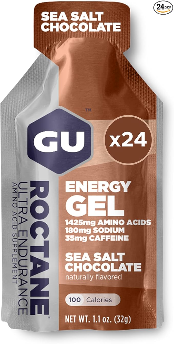 GU Energy Roctane Ultra Endurance Energy Gel, Vegan, Gluten-Free, Kosher, and Dairy-Free On-The-Go Sports Nutrition for Running, Biking, Hiking or Skiing, Sea Salt Chocolate, 24-Count