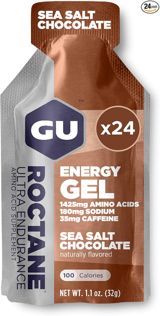 GU Energy Roctane Ultra Endurance Energy Gel, Vegan, Gluten-Free, Kosher, and Dairy-Free On-The-Go Sports Nutrition for Running, Biking, Hiking or Skiing, Sea Salt Chocolate, 24-Count
