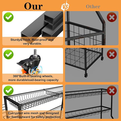 Sport Equipment Organizer, Garage Ball Storage Racks - Outdoor Toy Storage with 2 Side Racks & Removable Baskets, Heavy-Duty Garage Rolling Ball Cart with Wheels, Hooks for Sports Gear, Toys