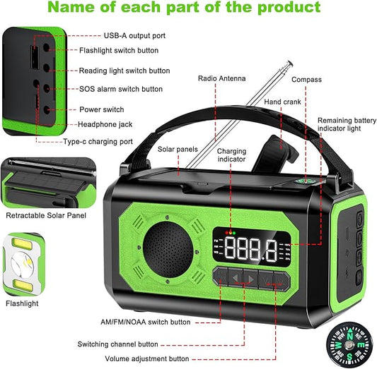 44400mWh/12000mAh Emergency Radio, Hand Crank Portable Solar Radio AM/FM/NOAA Weather Radio with 2 Solar Panels,3 Charging Methods,SOS Alarm,Flashlight,Phone Charger,Compass,Reading Lamp(Grass Green)