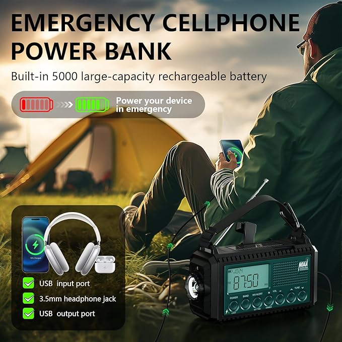 NOAA Emergency Weather Radio with Auto Alerts, 5000mAh Solar Hand Crank AM/FM/SW Shortwave Radio with Flashlight, Reading Lamp, Phone Charger, SOS Alarm, Survival Gear, Time Clock & Large LCD Display