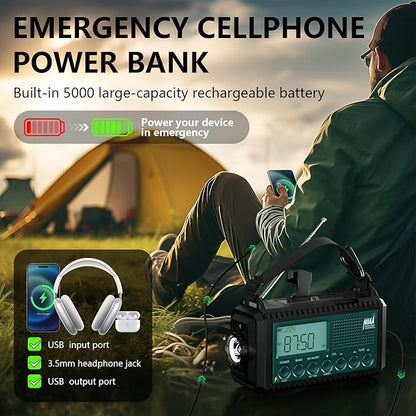 NOAA Emergency Weather Radio with Auto Alerts, 5000mAh Solar Hand Crank AM/FM/SW Shortwave Radio with Flashlight, Reading Lamp, Phone Charger, SOS Alarm, Survival Gear, Time Clock & Large LCD Display