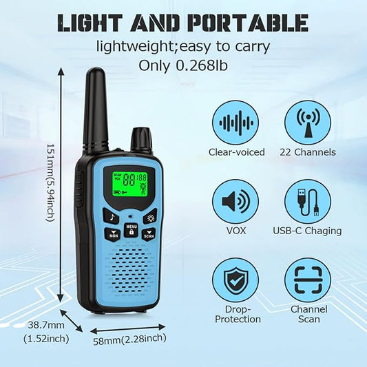 Walkie Talkie Long Range Walkie talkies with Rechargegable for Adults, 22 Channel FRS 2-Way Radios Walky Talky with LED Flashlight for Climbing, Camping Trip and Family Emergency Kit(2 Pack Blue).