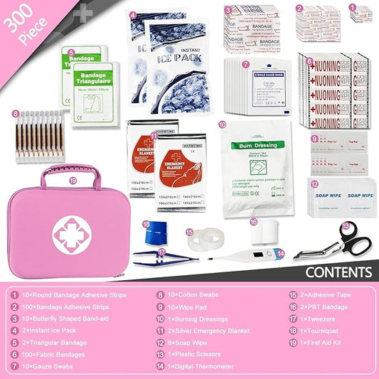300PCS Home First Aid Kit for Hiking Car Home Emergency Kit First Aid Bag Multiple Purpose Outdoor Backpacking Gear for Disaster Preparedness Pink