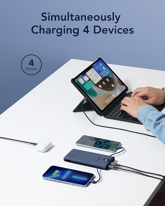 VEGER Portable Charger with Built-in AC Plug and Cables, All in One 10000mAh Ultra-Slim Power Bank, 15W Fast Charging for iPhone, Samsung, Android, Travel Essential (Navy)