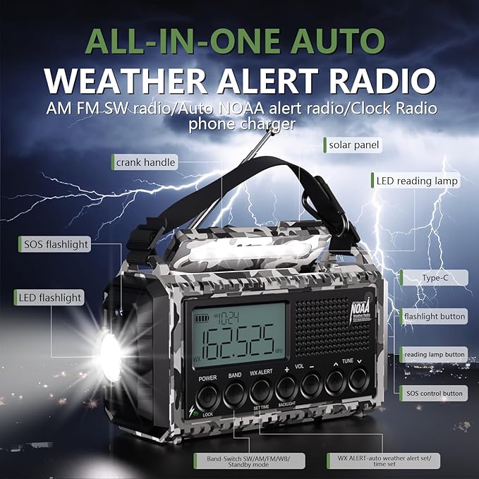 Emergency Radio 12000mAh AUTO NOAA Weather Radio, Solar Hand Crank Portable AM/FM Shortwave Radio with Rechargeable Battery Powered, Flashlight, Reading Lamp, SOS Alarm for Indoor Outdoor Emergencies